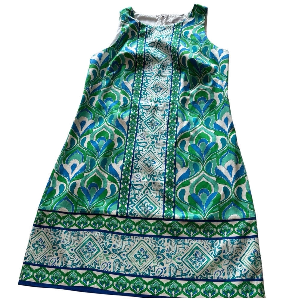 LONDON TIMES COTTON STRETCH BLUE GREEN PAISLEY SLEEVELESS SHEAT DRESS SIZE 10